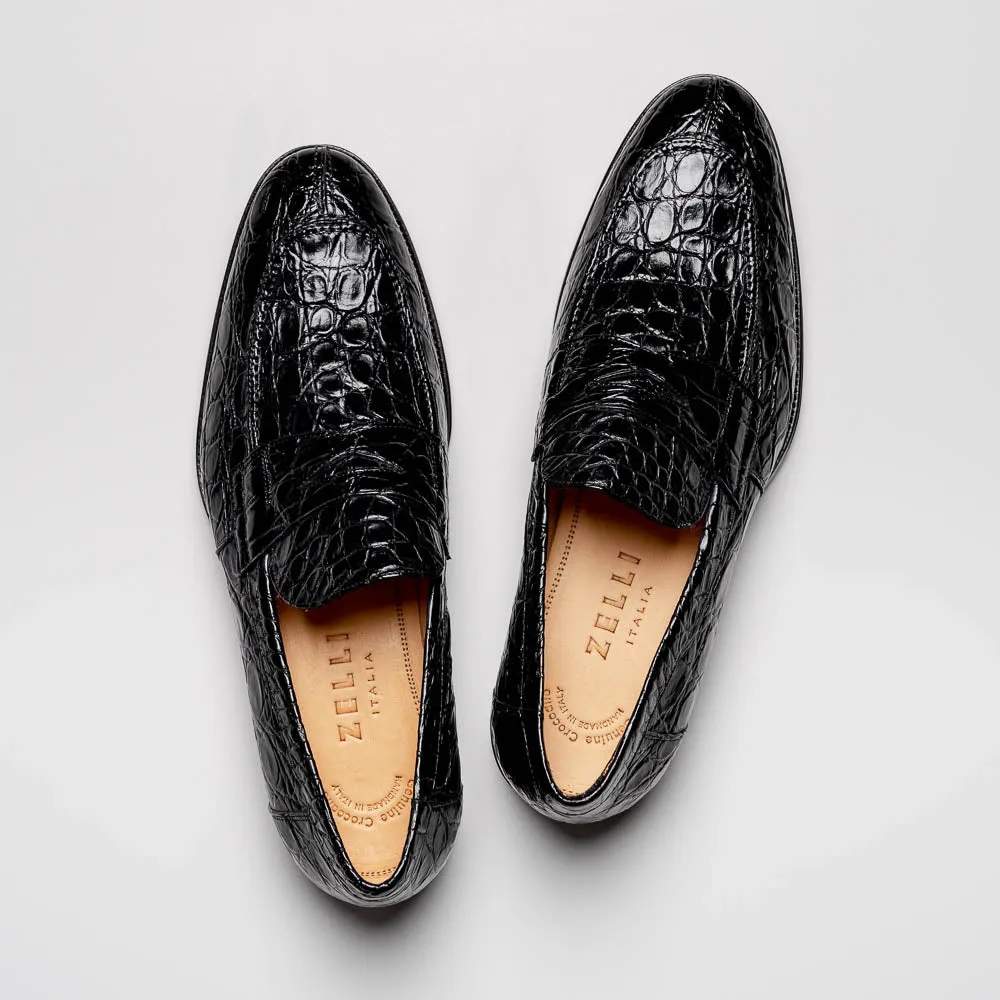 11-201-BKM ROMA Crocodile Penny Loafer, Black