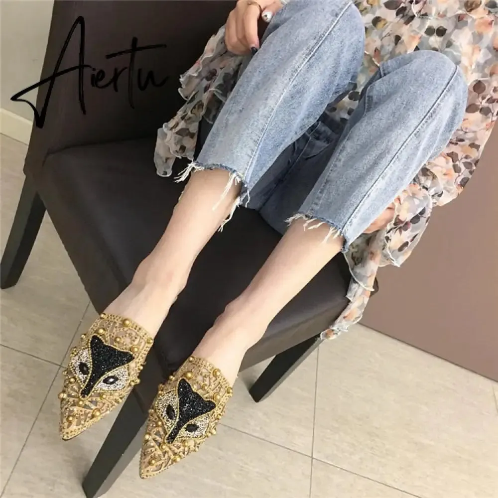 Aiertu Women Slippers Summer Mules Mesh Hollow Loafers Slip-on Designer Shoes Backless Flats Slide Low Heel Luxury Party Shoes Bling