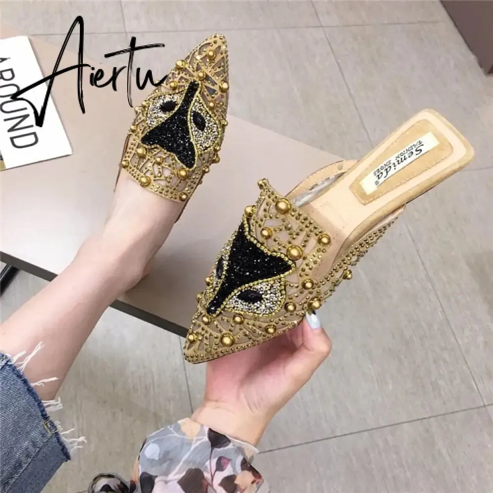 Aiertu Women Slippers Summer Mules Mesh Hollow Loafers Slip-on Designer Shoes Backless Flats Slide Low Heel Luxury Party Shoes Bling