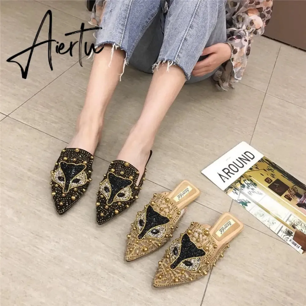 Aiertu Women Slippers Summer Mules Mesh Hollow Loafers Slip-on Designer Shoes Backless Flats Slide Low Heel Luxury Party Shoes Bling