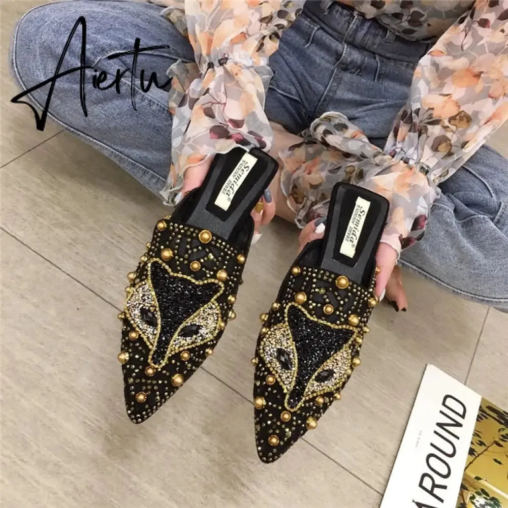 Aiertu Women Slippers Summer Mules Mesh Hollow Loafers Slip-on Designer Shoes Backless Flats Slide Low Heel Luxury Party Shoes Bling