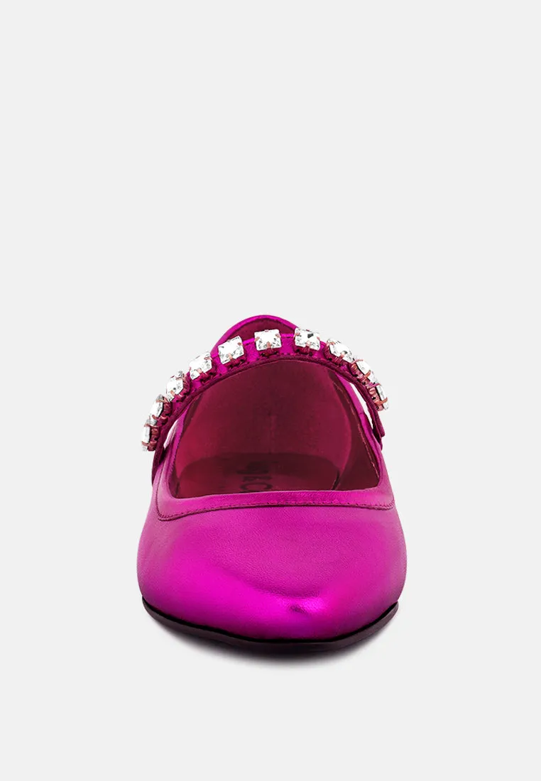 ALVERNO Metallic Diamante Mary Jane Leather Flats In Fuchsia