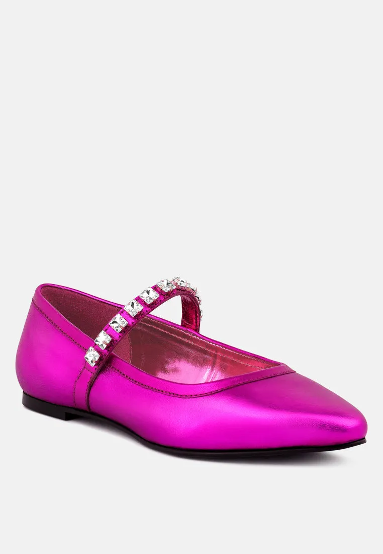 ALVERNO Metallic Diamante Mary Jane Leather Flats In Fuchsia