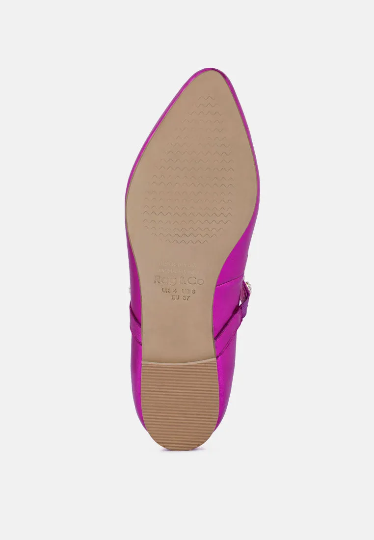 ALVERNO Metallic Diamante Mary Jane Leather Flats In Fuchsia