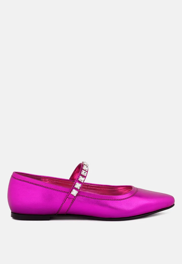 ALVERNO Metallic Diamante Mary Jane Leather Flats In Fuchsia