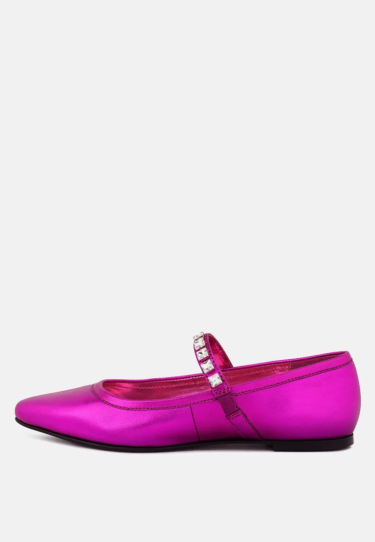 ALVERNO Metallic Diamante Mary Jane Leather Flats In Fuchsia