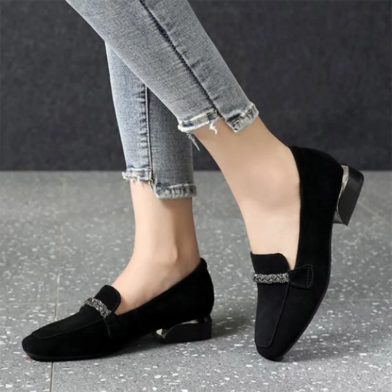 Amozae Autumn Winter Women Loafers Low Heels Boat Shoes Square Toe Dress Shoes Chain Faux Suede Plush Warm Ladies Shoes