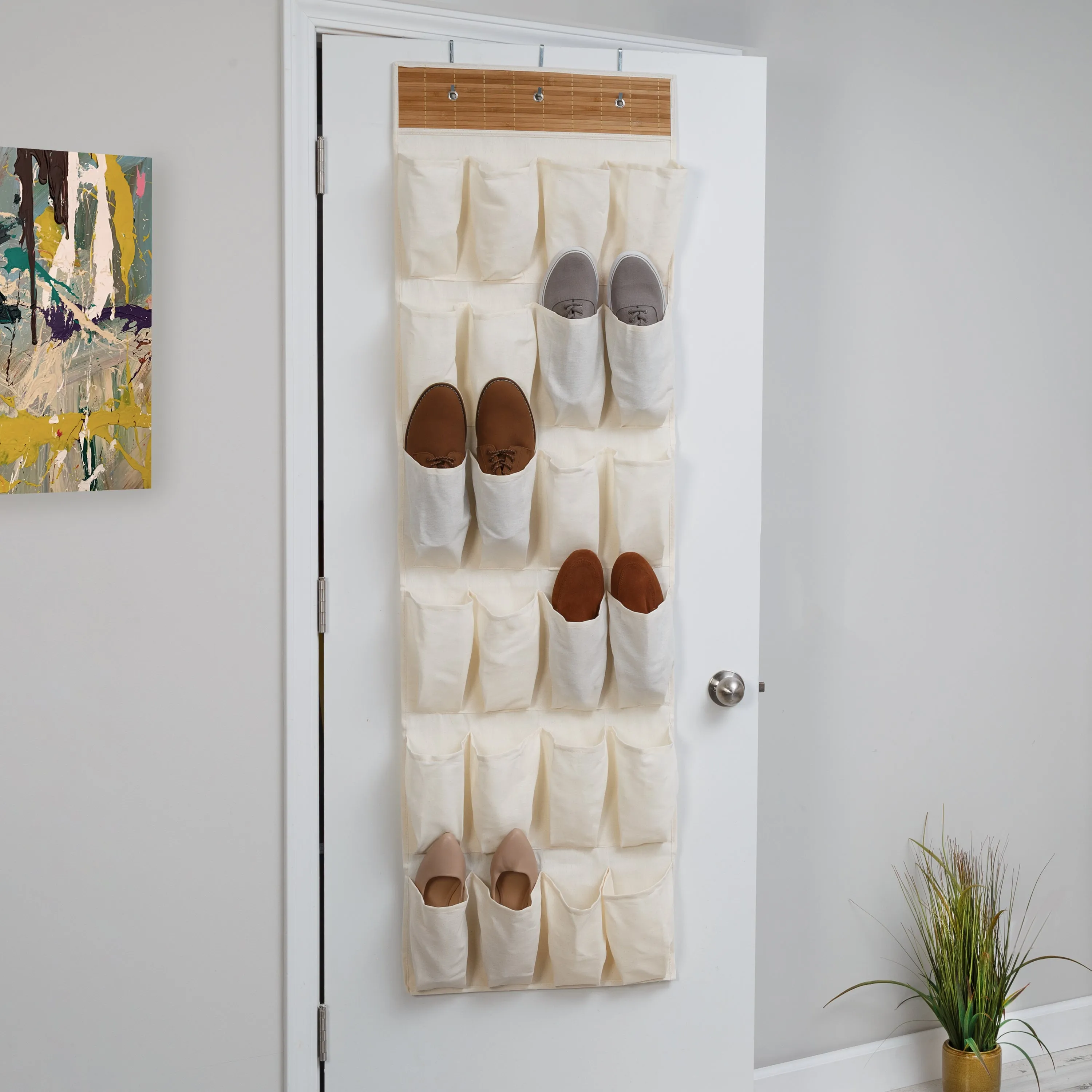 Bamboo/Natural 24-Pocket Over-The-Door Hanging Shoe Organizer