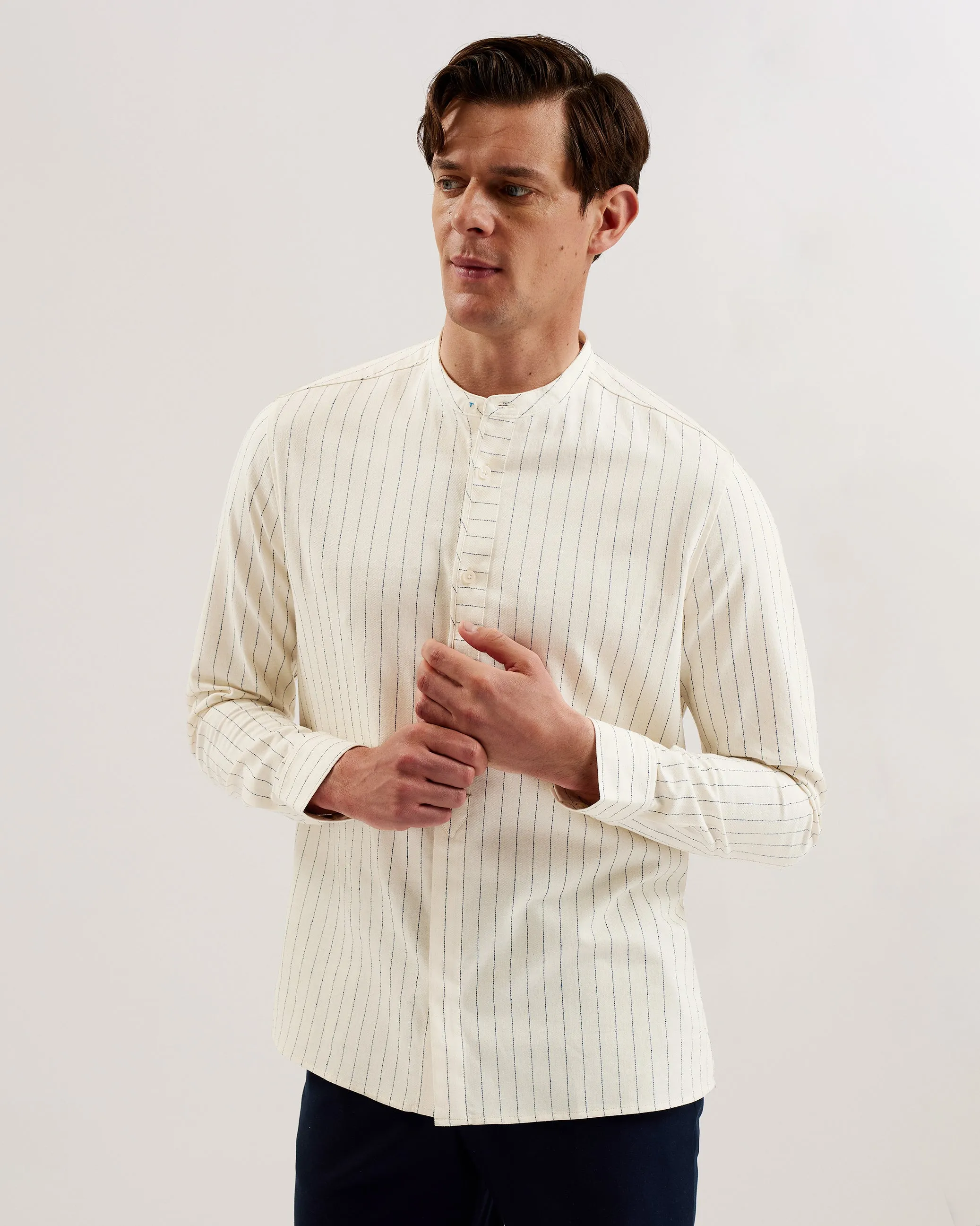 Bastiun Ls Relaxed Grandad Collar Shirt Ecru