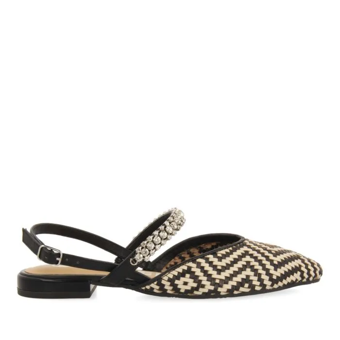 Black and beige braided leather mules