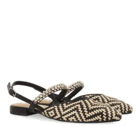 Black and beige braided leather mules