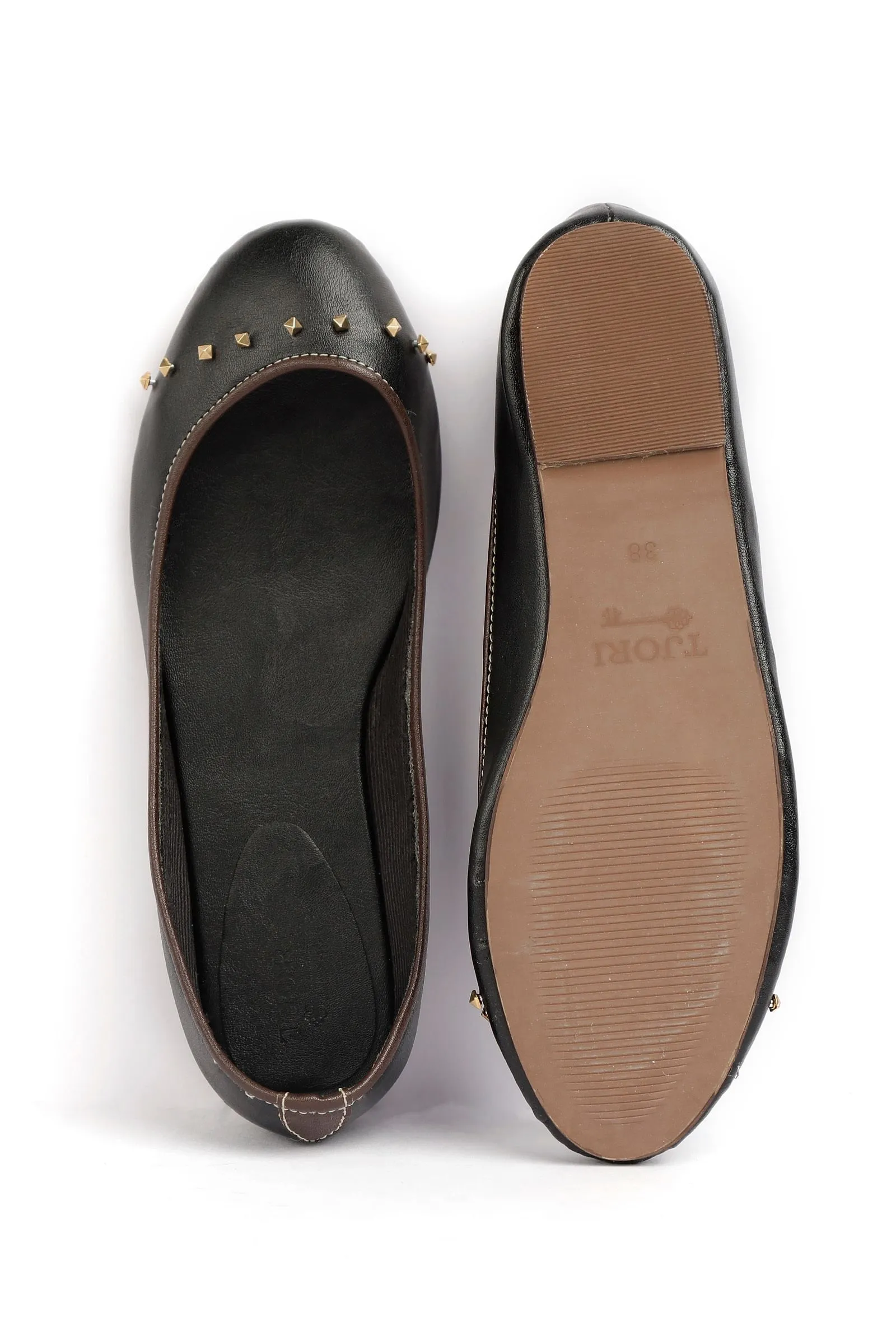 Black Beads Cruelty Free Leather Flat Ballerinas