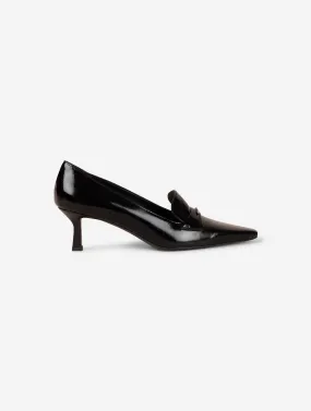 Black patent leather heeled loafers