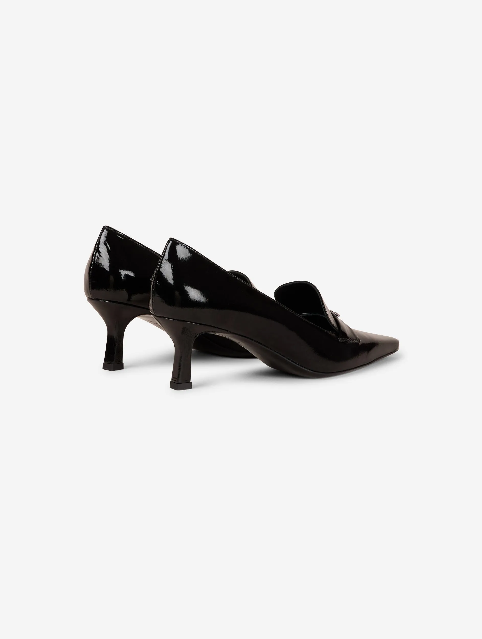 Black patent leather heeled loafers