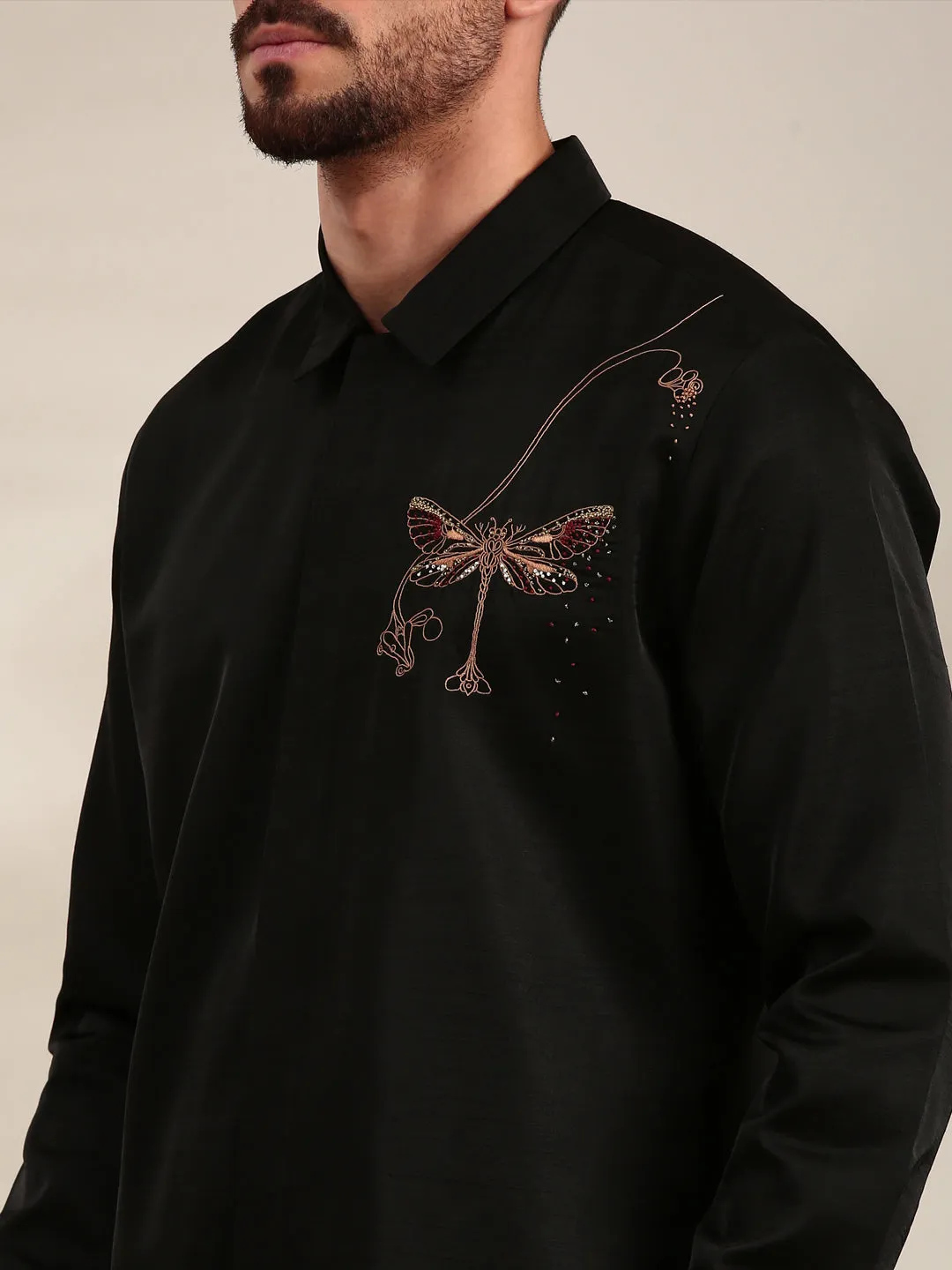 Black Slub Silk Embroidered Shirt - MM0893