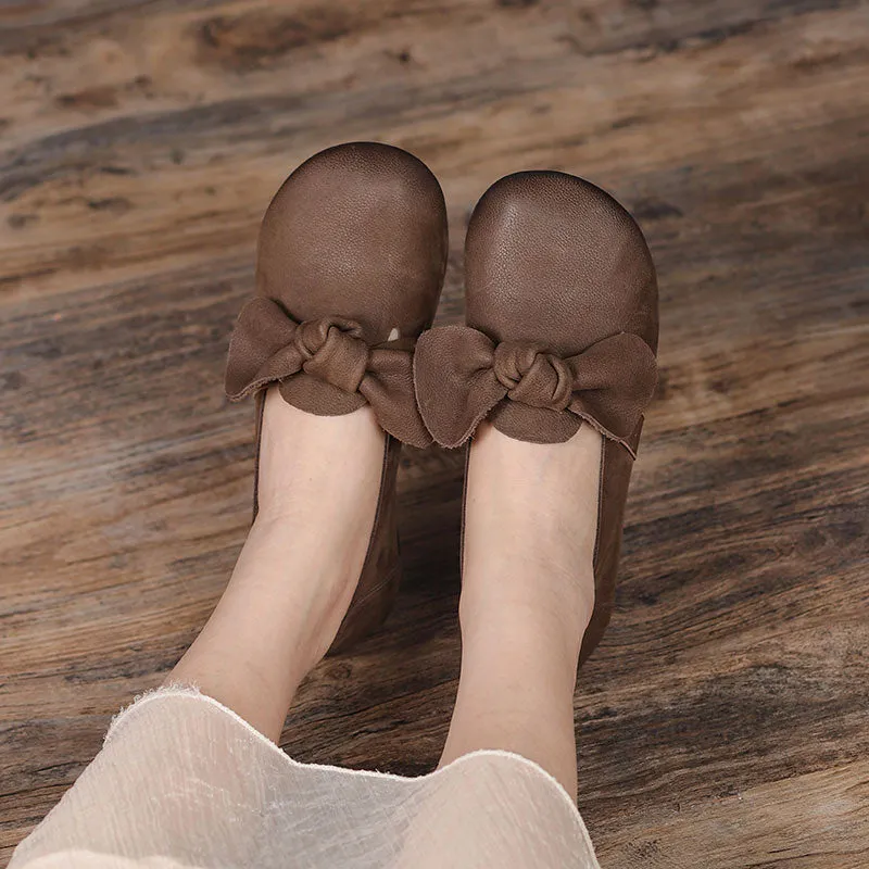 Bow Detail Leather Flats For Women Handmade Casual Slip On Shoes Flats Coffee/Grey