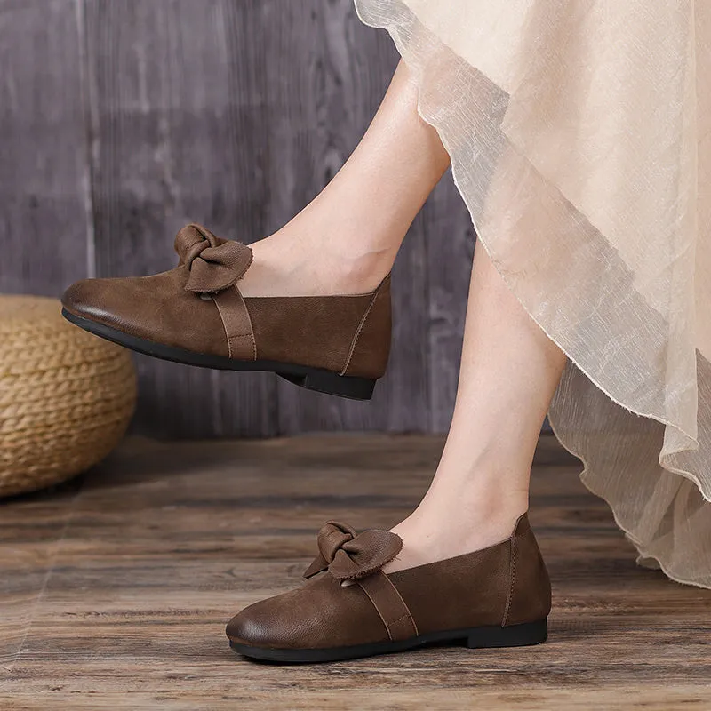 Bow Detail Leather Flats For Women Handmade Casual Slip On Shoes Flats Coffee/Grey