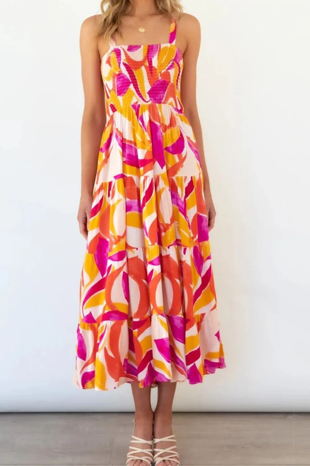 Bright Vibrant Abstract Sleeveless Smocked Bodice Summer Maxi Dress