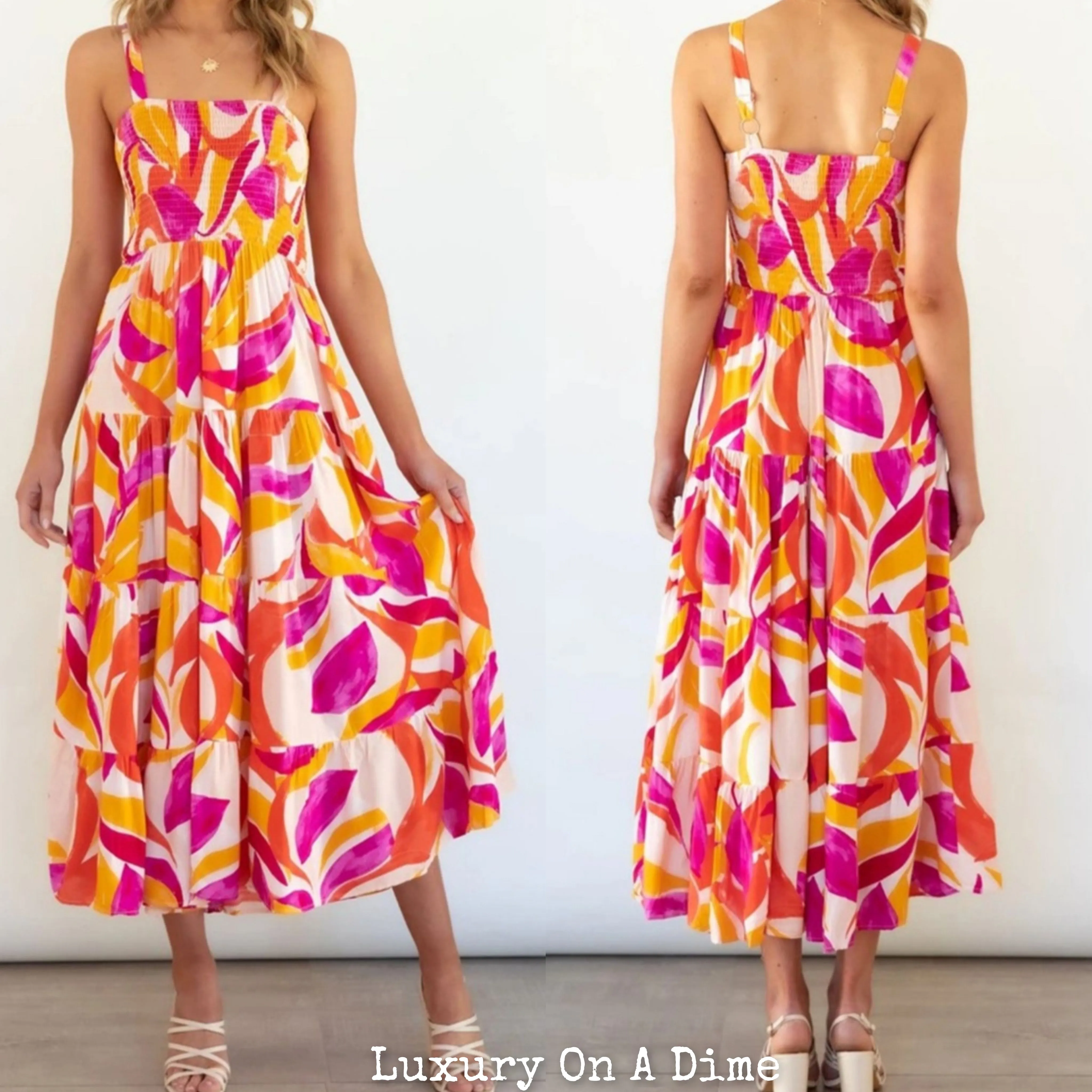 Bright Vibrant Abstract Sleeveless Smocked Bodice Summer Maxi Dress