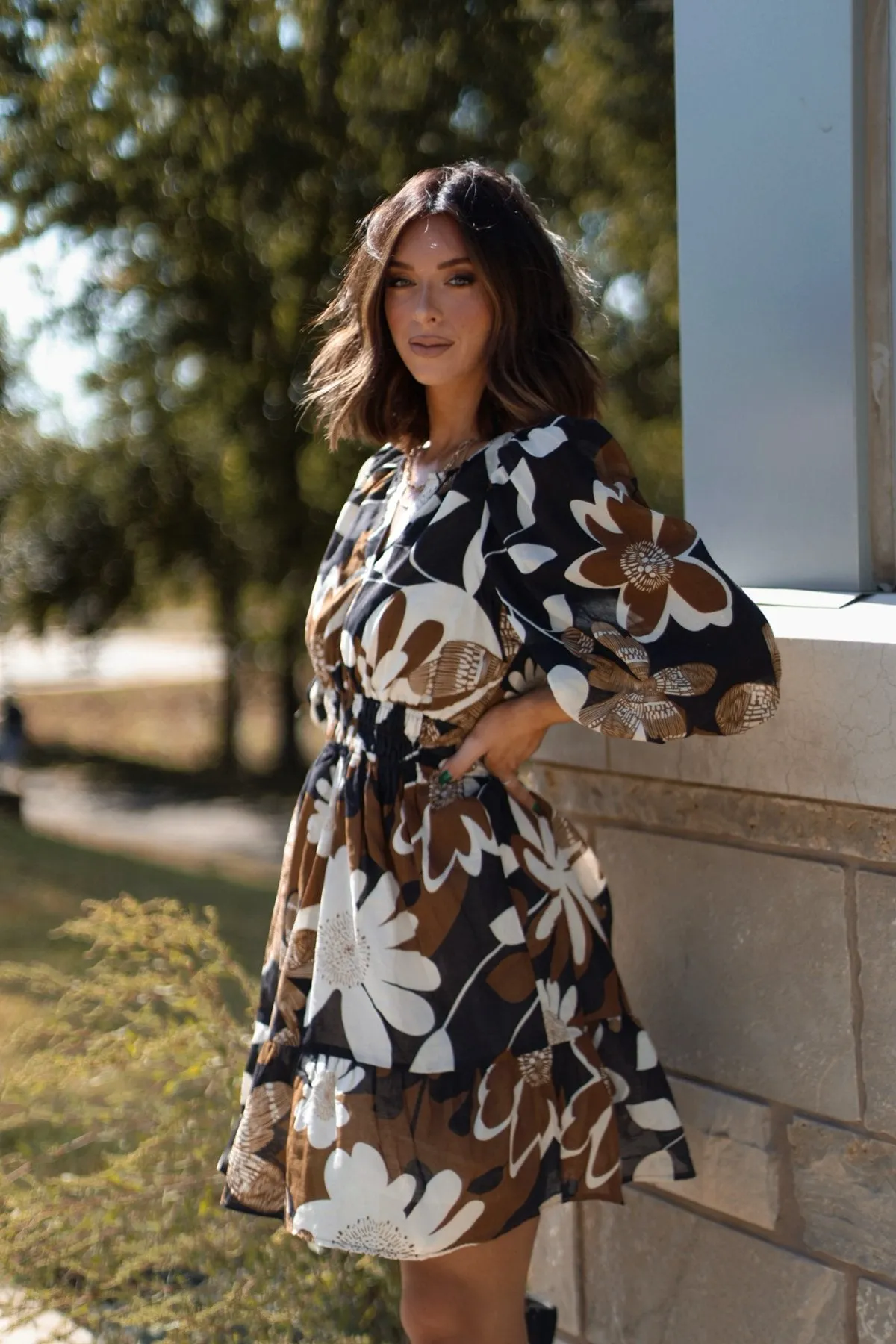 Brown Print Smocked Mini Dress - FINAL SALE