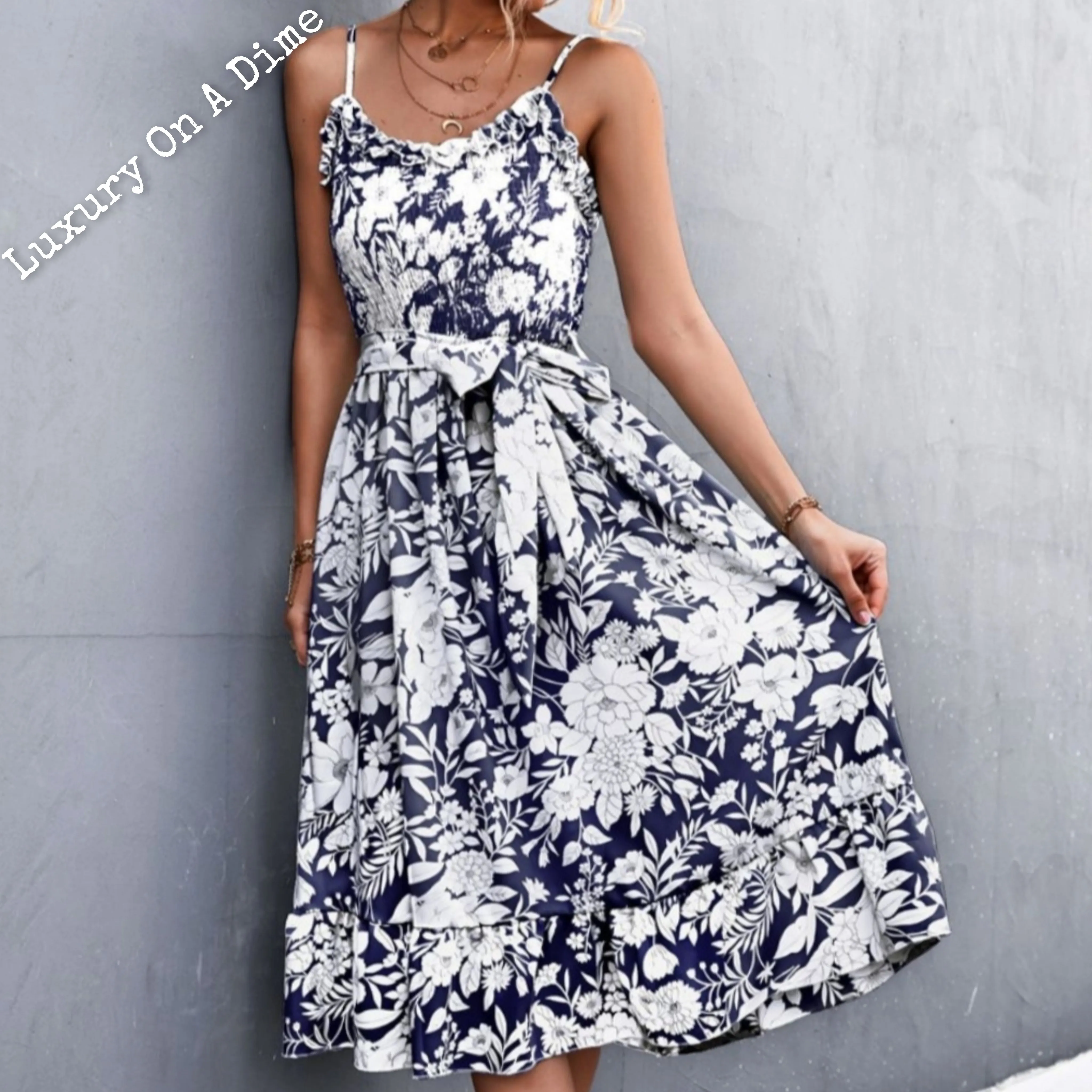 Chic Floral Ruffle Tie Belt Midi Summer Dress