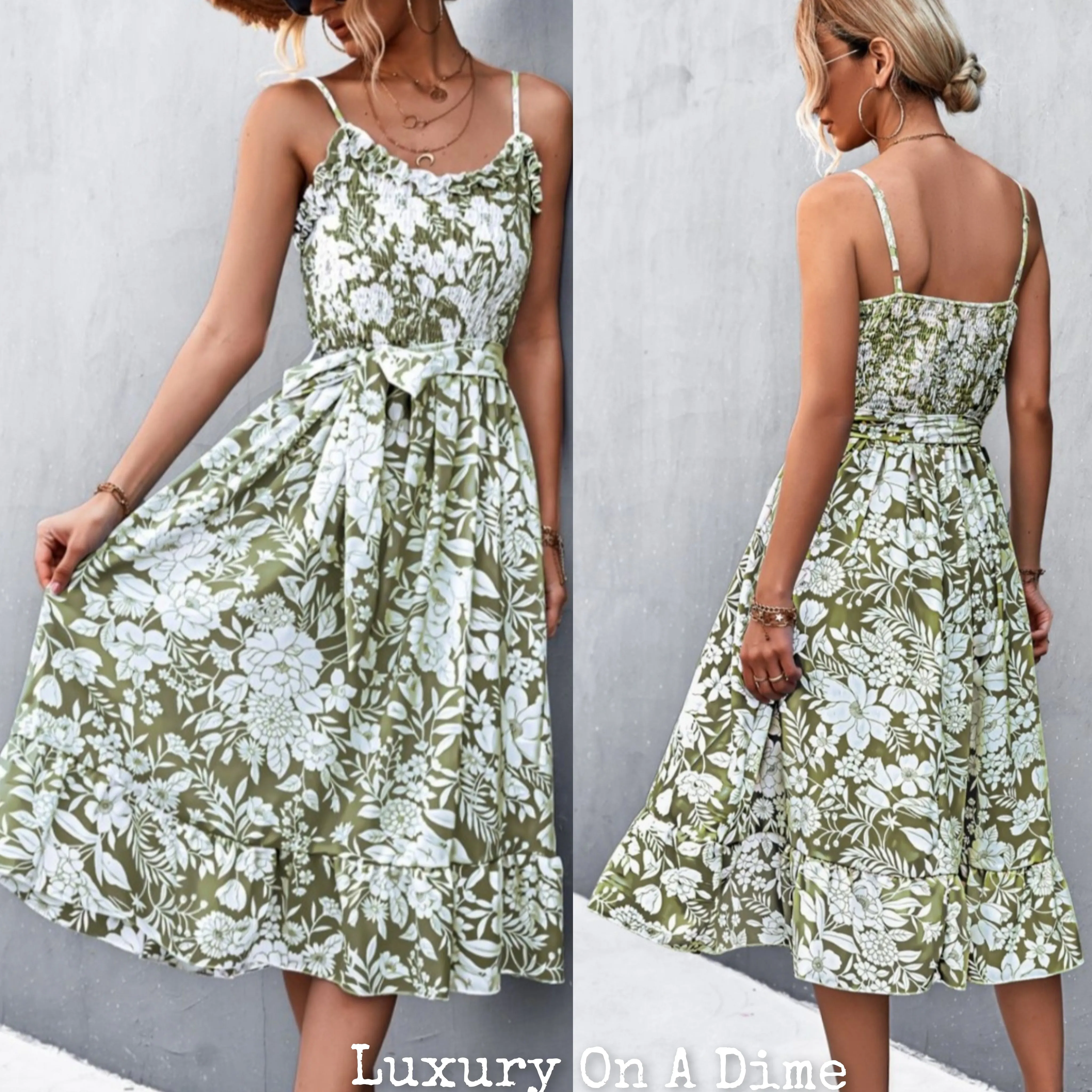 Chic Floral Ruffle Tie Belt Midi Summer Dress