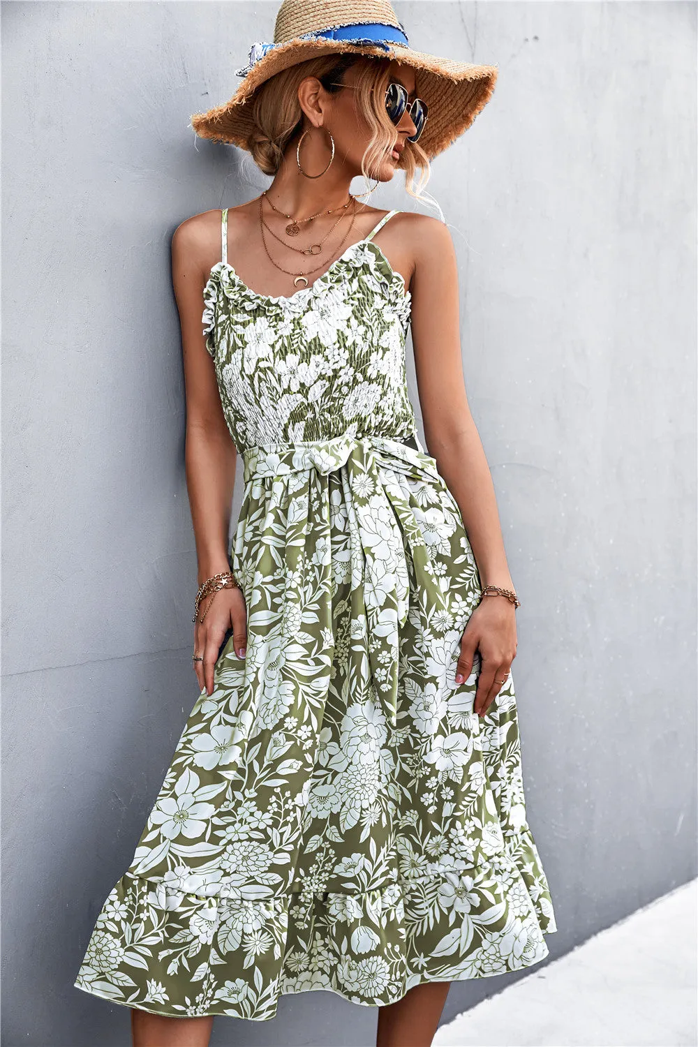 Chic Floral Ruffle Tie Belt Midi Summer Dress