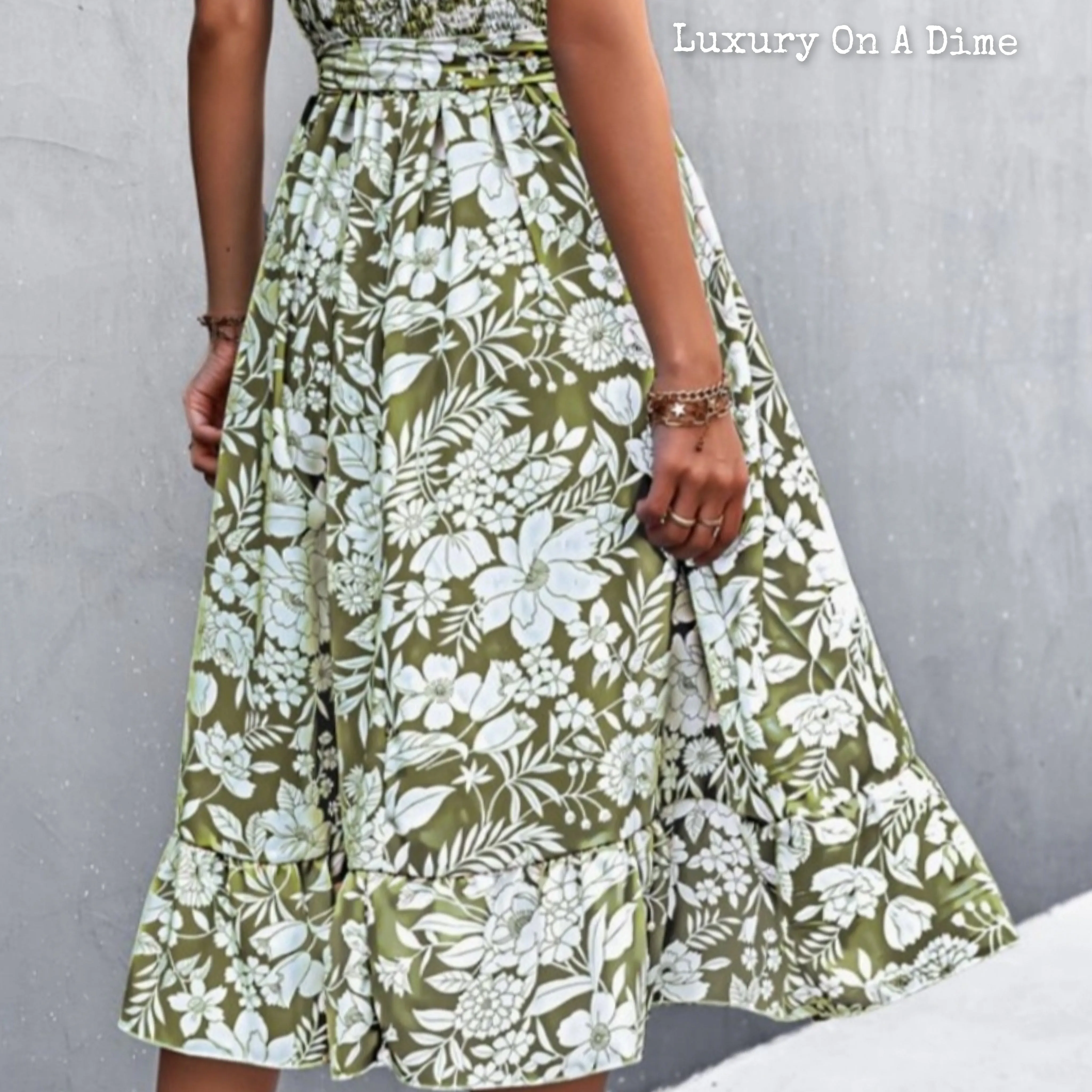 Chic Floral Ruffle Tie Belt Midi Summer Dress