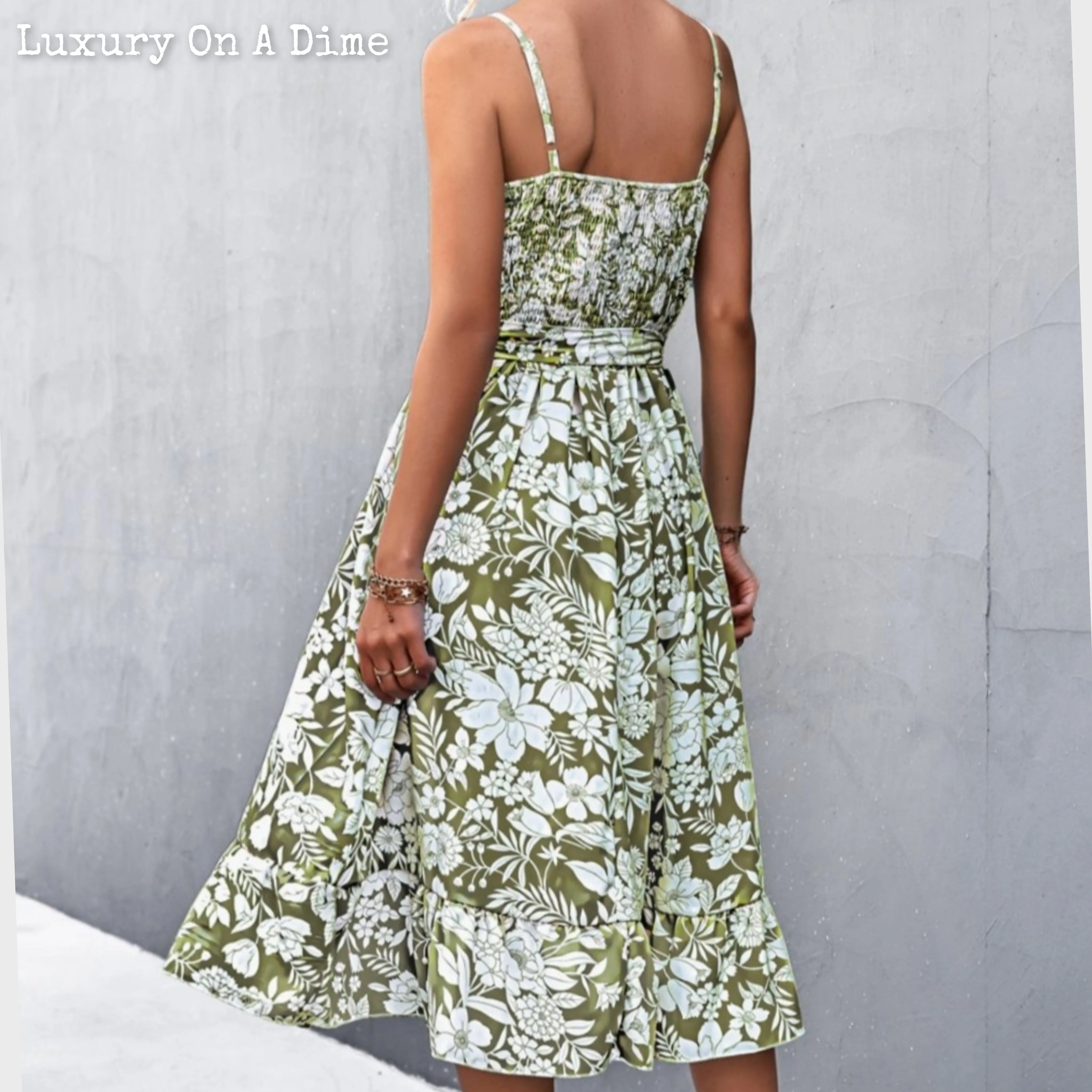 Chic Floral Ruffle Tie Belt Midi Summer Dress