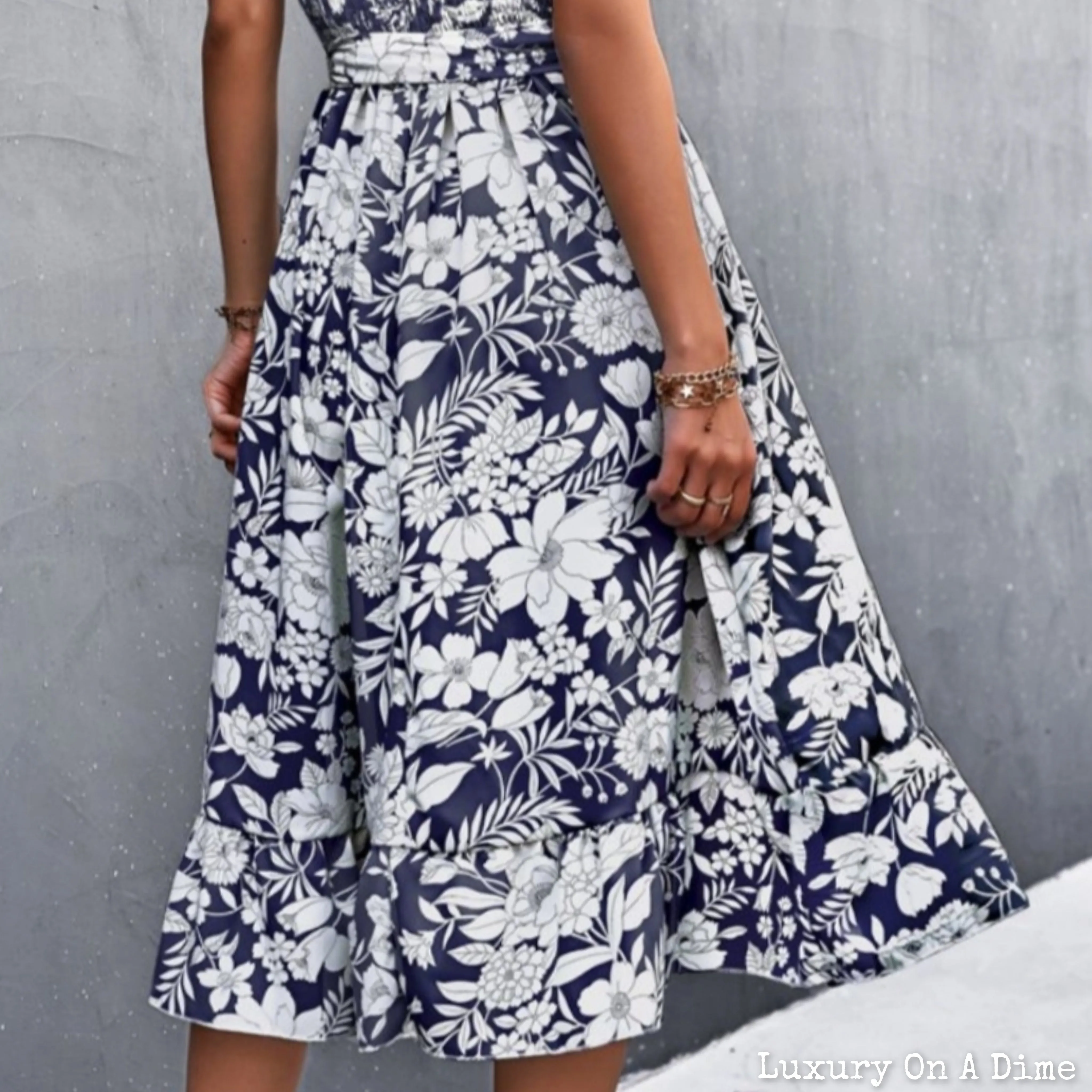 Chic Floral Ruffle Tie Belt Midi Summer Dress