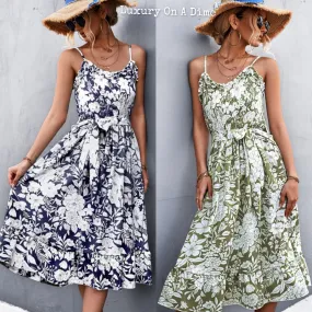 Chic Floral Ruffle Tie Belt Midi Summer Dress