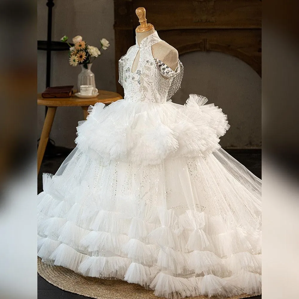 Children's White Wedding Dress 3-12 Years Old Elegant Birthday Party Bow Fluffy Girl Princess Dress