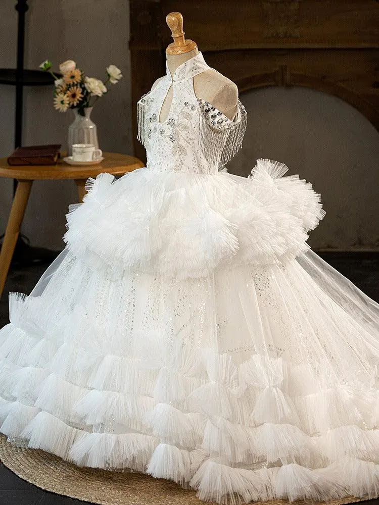 Children's White Wedding Dress 3-12 Years Old Elegant Birthday Party Bow Fluffy Girl Princess Dress