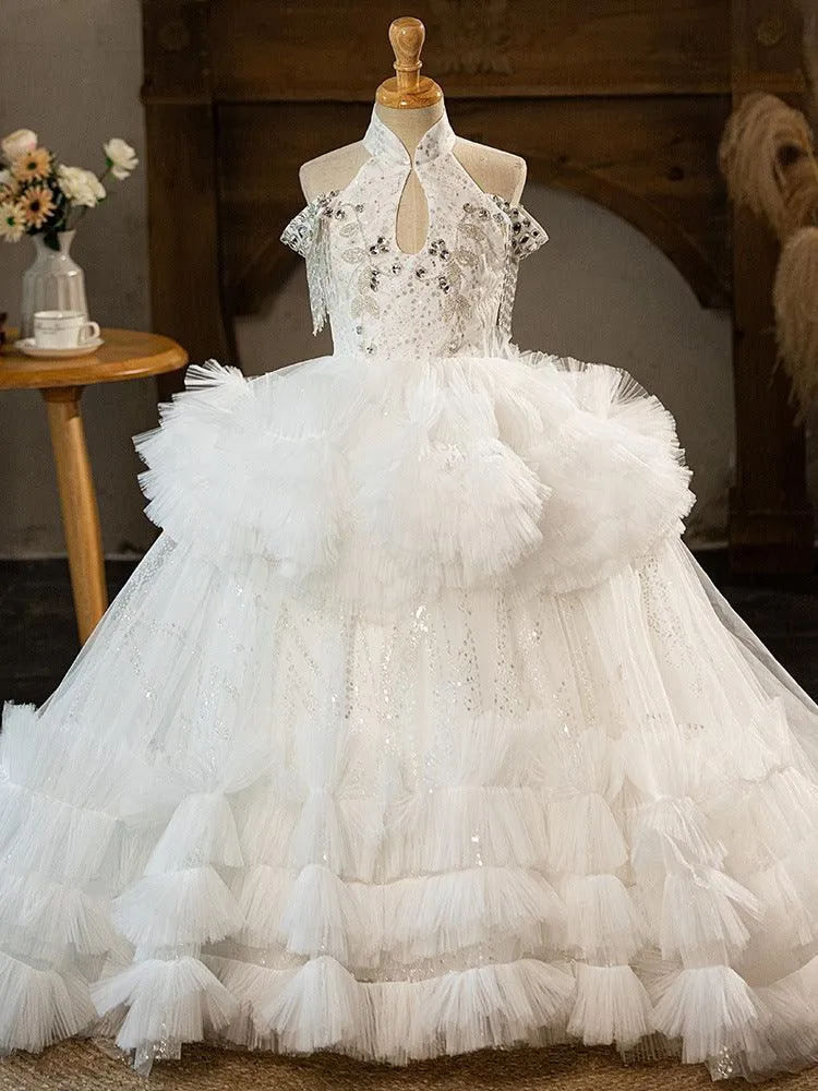 Children's White Wedding Dress 3-12 Years Old Elegant Birthday Party Bow Fluffy Girl Princess Dress