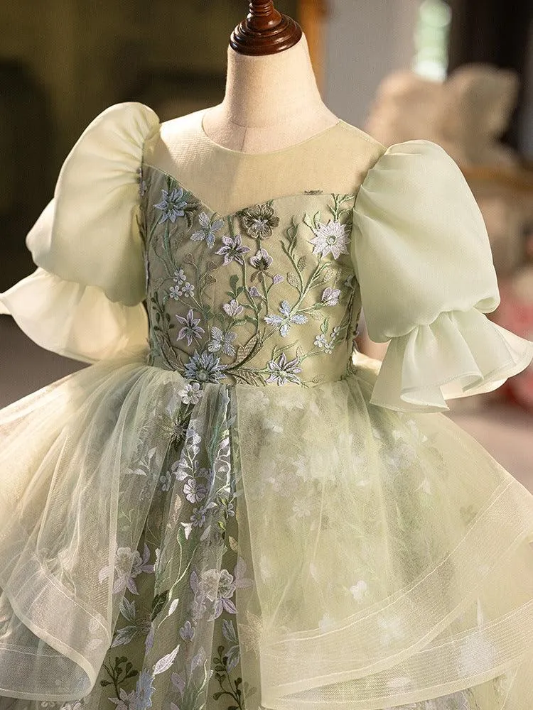 Christmas banquet high-end green elegant flower embroidery birthday party fluffy bow girl dress