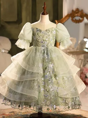 Christmas banquet high-end green elegant flower embroidery birthday party fluffy bow girl dress