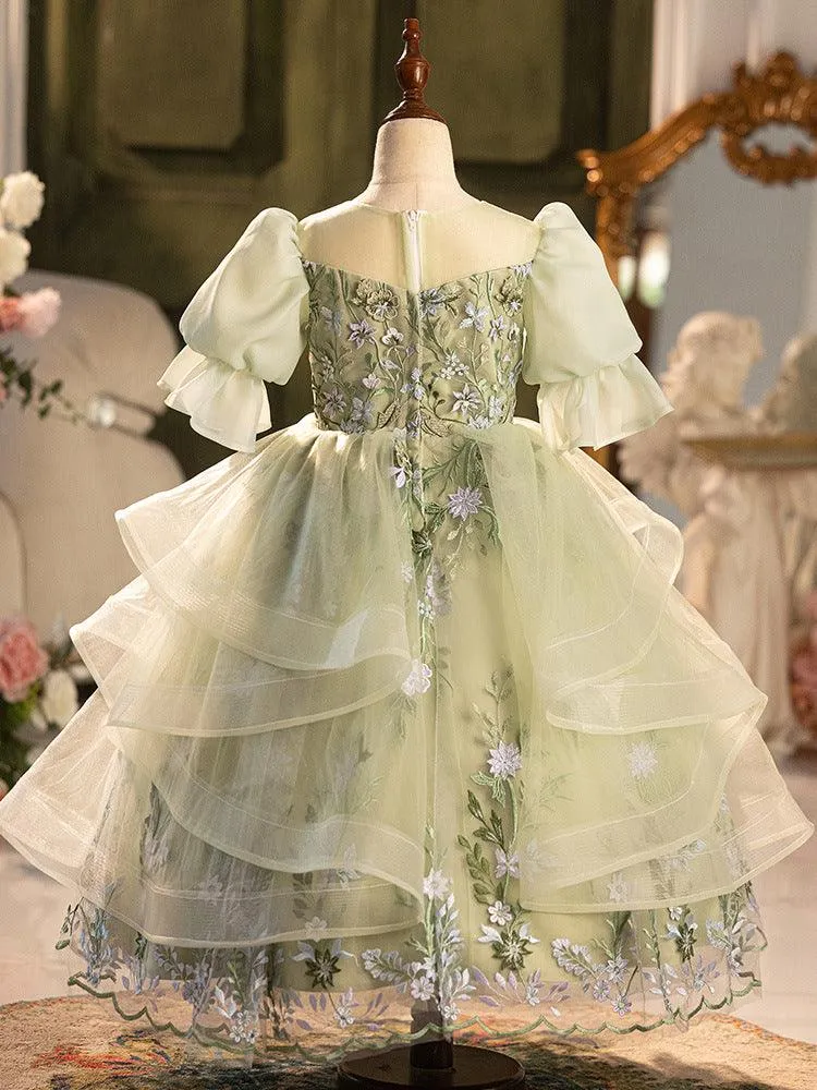 Christmas banquet high-end green elegant flower embroidery birthday party fluffy bow girl dress