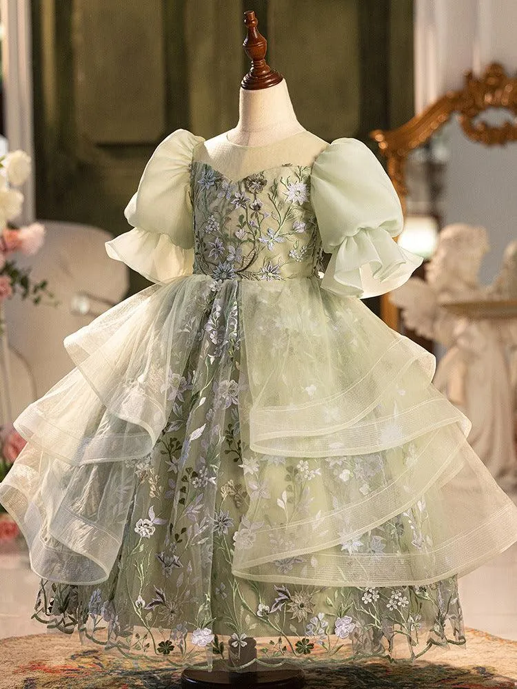 Christmas banquet high-end green elegant flower embroidery birthday party fluffy bow girl dress