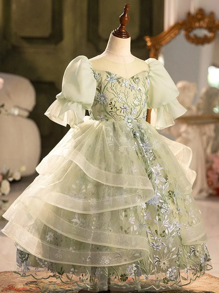 Christmas banquet high-end green elegant flower embroidery birthday party fluffy bow girl dress