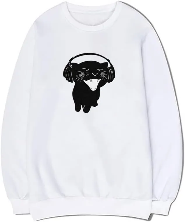 CORIRESHA Cute Cat Headphones Music Crew Neck Long Sleeve Basic Pullover Sweatshirt