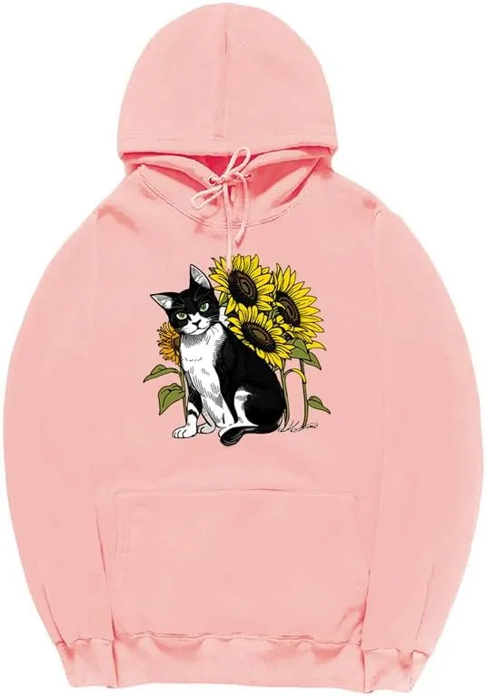 CORIRESHA Cute Cat Hoodie Casual Long Sleeve Drawstring Sunflower Sweatshirt