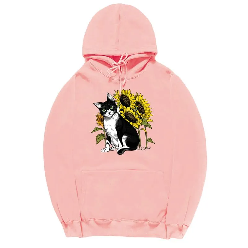 CORIRESHA Cute Cat Hoodie Casual Long Sleeve Drawstring Sunflower Sweatshirt