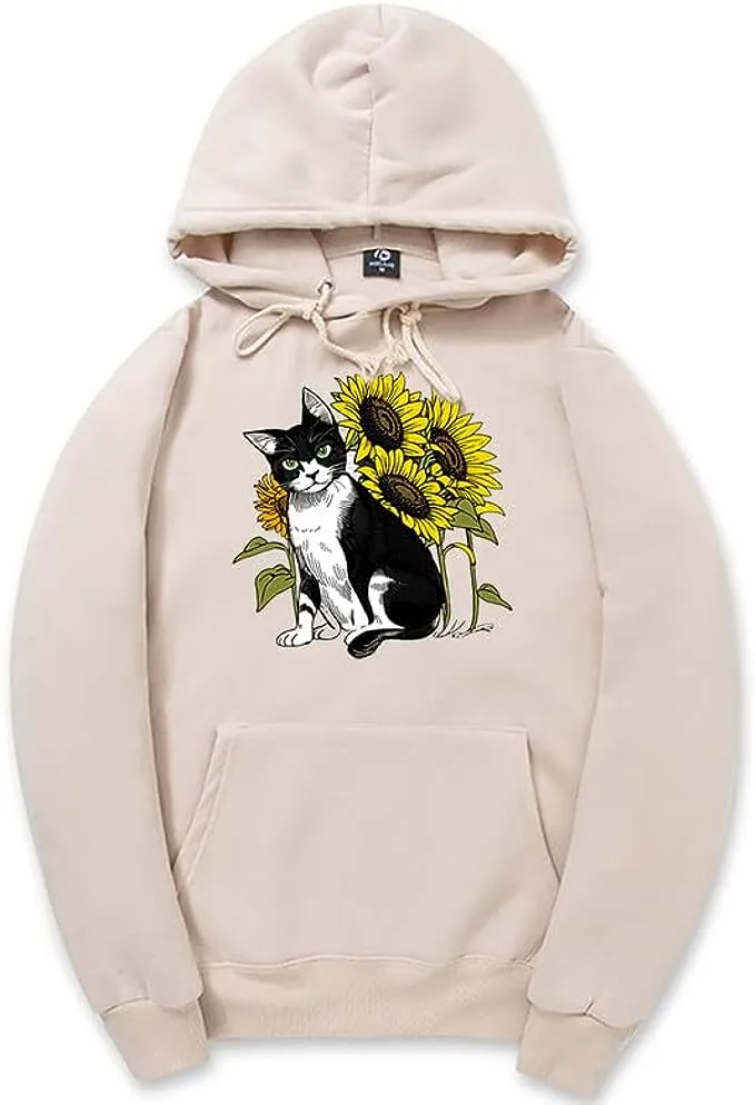 CORIRESHA Cute Cat Hoodie Casual Long Sleeve Drawstring Sunflower Sweatshirt