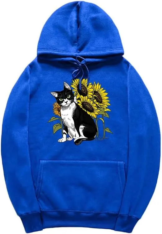 CORIRESHA Cute Cat Hoodie Casual Long Sleeve Drawstring Sunflower Sweatshirt