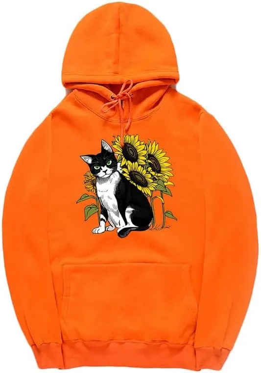 CORIRESHA Cute Cat Hoodie Casual Long Sleeve Drawstring Sunflower Sweatshirt