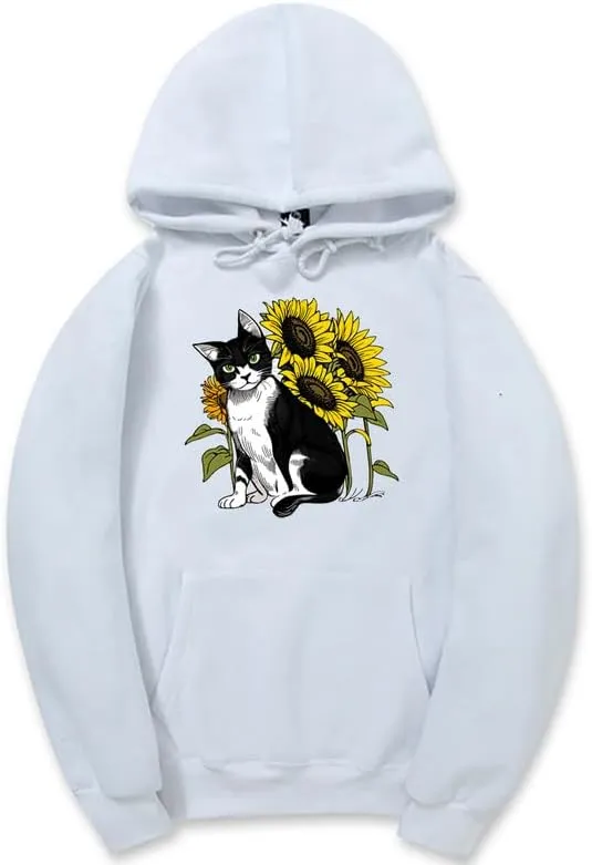 CORIRESHA Cute Cat Hoodie Casual Long Sleeve Drawstring Sunflower Sweatshirt