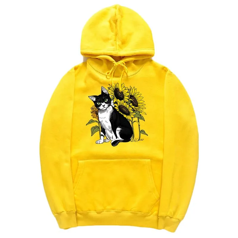 CORIRESHA Cute Cat Hoodie Casual Long Sleeve Drawstring Sunflower Sweatshirt