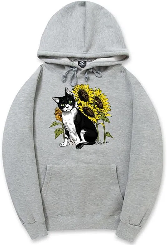 CORIRESHA Cute Cat Hoodie Casual Long Sleeve Drawstring Sunflower Sweatshirt