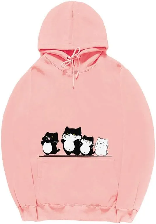 CORIRESHA Cute Cat Hoodie Drawstring Long Sleeve Kangaroo Pocket Simple Sweatshirt