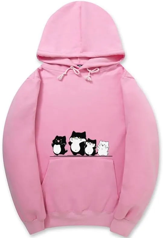 CORIRESHA Cute Cat Hoodie Drawstring Long Sleeve Kangaroo Pocket Simple Sweatshirt